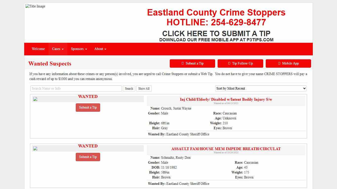 Wanted Suspects - Eastland County Crime Stoppers